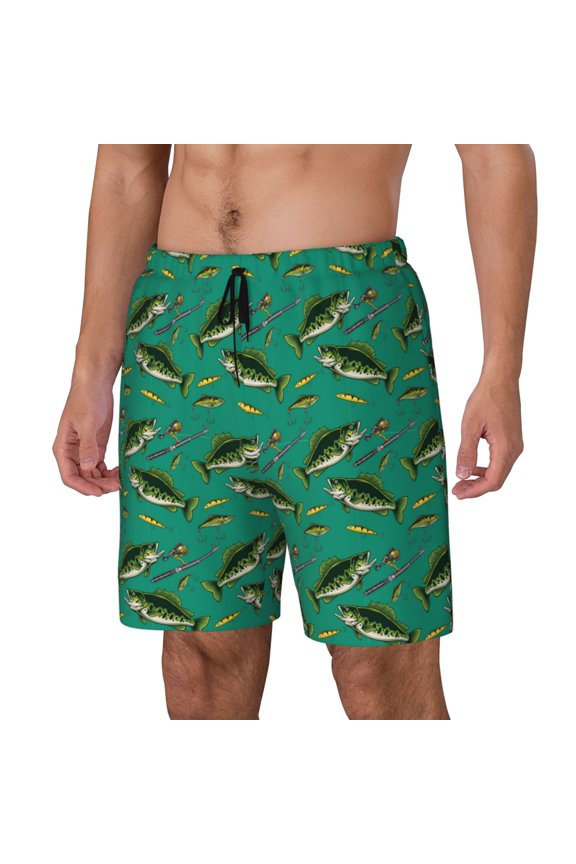 Bass Fish Print Men's Swim Shorts,Mens Swim Trunks,Breathable Mesh Beach Shorts for Swimming,Surfing, and Beach Activities-Large