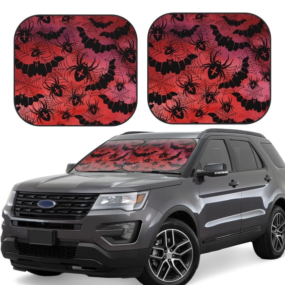 Honeii Bats And Spiders Print Foldable Car Sun Shade for Windshield, 2-Piece UV Protection Shade, Protects Car Interior, Ideal for Cars, Trucks, SUVs-Small