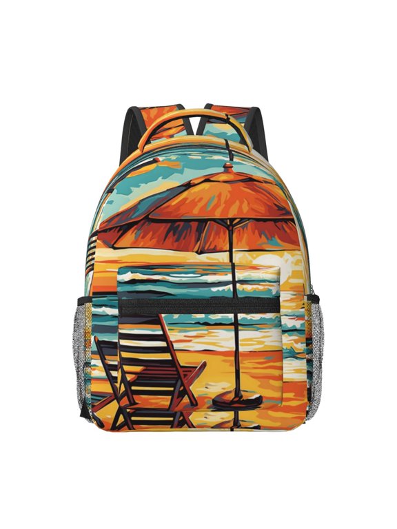 Beach Umbrella Sunset Print Backpack for School,15.6 inch Laptop Back Pack for High School and College Students, Waterproof Computer Bookbag-One Size
