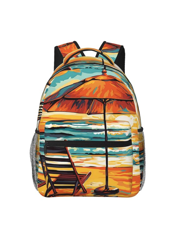 Beach Umbrella Sunset Print Backpack for Both Men and Women, Basic Bookbag for College, Work, or Travel,Rucksack Computer Bag-One Size
