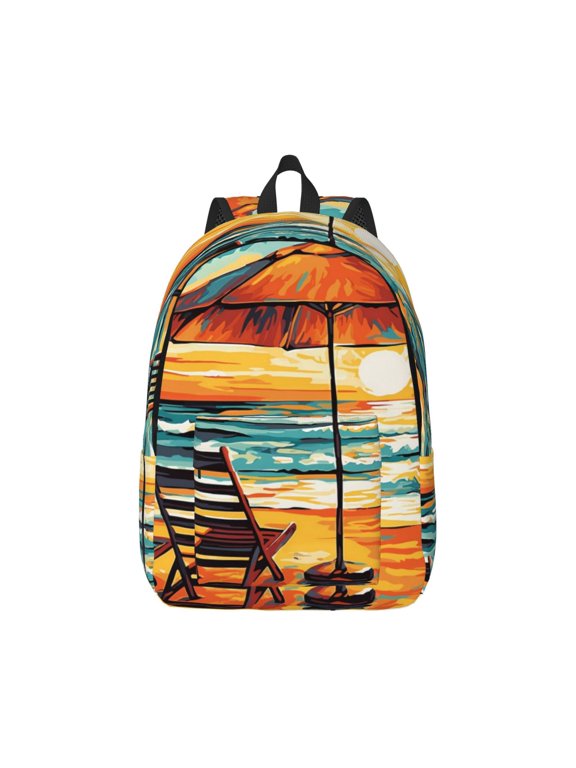 Beach Umbrella Sunset Print Canvas College Laptop Backpack, Durable Rucksack Travel Notebook Bag School Backpack Book Bag for Men Women-Small