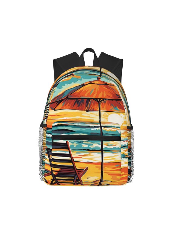 Beach Umbrella Sunset Print School Backpack,Casual Lightweight Travel Rucksack Daypack,Backpacks for College High