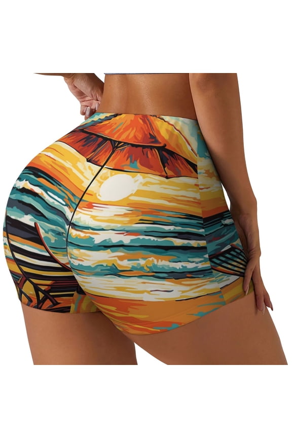 Beach Umbrella Sunset Print Women's Workout Shorts, Gym Shorts for Active Wear, Sports Shorts,Women's Running Shorts,Quick Dry Athletic Shorts-Medium