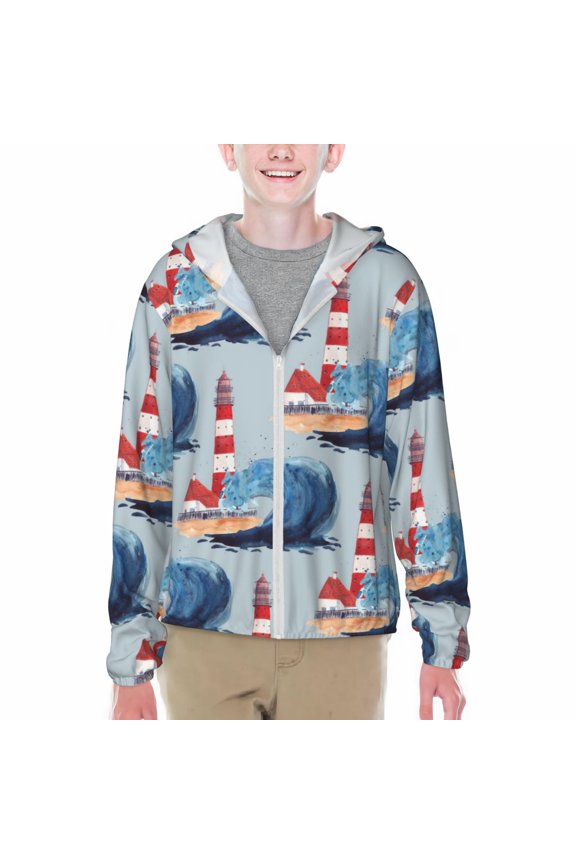 Beacon In The Huge Waves Of The Surf Print Sun Protection Jacket Hooded Cooling Shirt with Pockets Hiking Outdoor Performance-Small