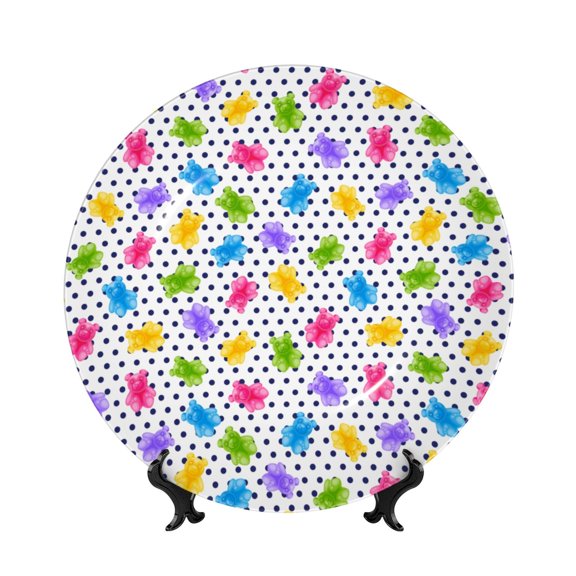 Honeii Bear And Polka Dot Print Elegant Bone China Decorative Plate, Porcelain Plate,Art Crafts,Ceramic Ornaments for Home Office Wall Decor-6in