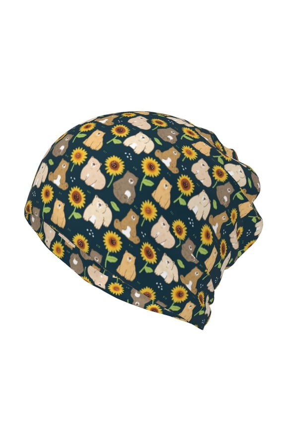 Bear Sunflower Print Winter Beanie Daily Hat - Thermal Polar Fleece Ski Running Hat Skull Cap for Men and Women,Beanie