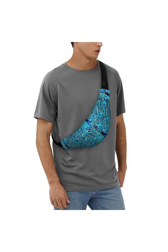 Beautiful Blue Peacock Pattern Sling Bag for Women Men Crossbody Sling Backpack Travel Hiking Chest Bag Daypack