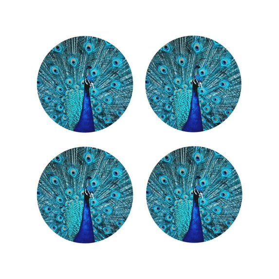 Honeii Beautiful Blue Peacock Print Leather Coaster Set of 4, Ideal for Safeguarding Your Furniture from Drinks Spills and Effortless Cleanup-Round Shape