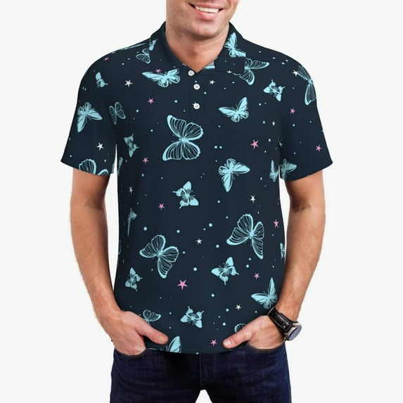 Honeii Beautiful Butterflies print Polo Shirt, a classic short-sleeved, button-down golf shirt designed for menLarge