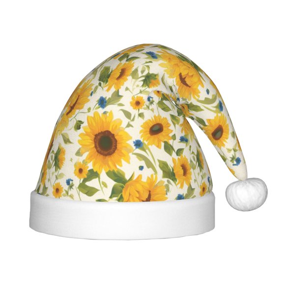 Honeii Beautiful Countryside Sunflower Print Hat Santa Claus Hat For Xmas Party, Christmas Caps For Boys Girls Child,Christmas Beanie