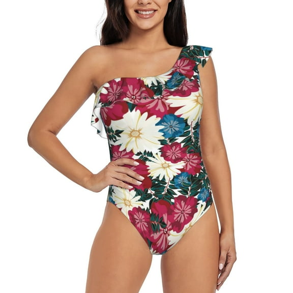 Honeii Beautiful Flower for women's one-piece swimsuit featuring a chic one-shoulder design experience elegance and style in the water-Medium