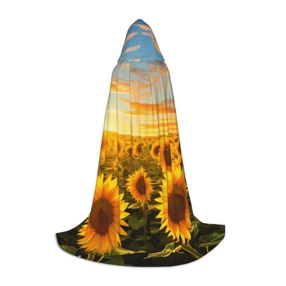 Honeii Beautiful Golden Sunflower Field Print Poncho Cape, Cloak Coat, Snuggly Hooded Wearable Blanket, Hooded Cape For Teenagers,Halloween Costumes-Medium