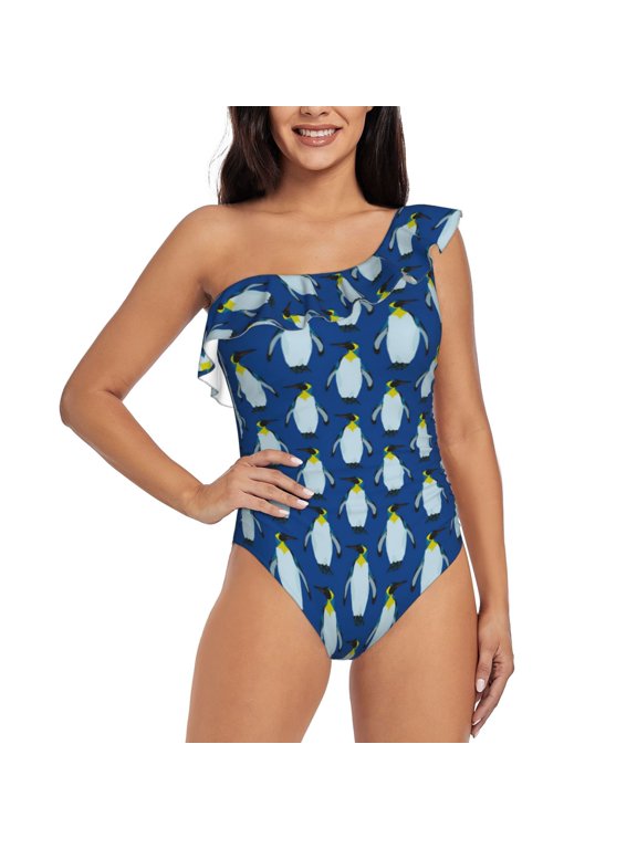 Beautiful King Penguin Pattern for women's one-piece swimsuit featuring a chic one-shoulder design experience elegance and style in the water-