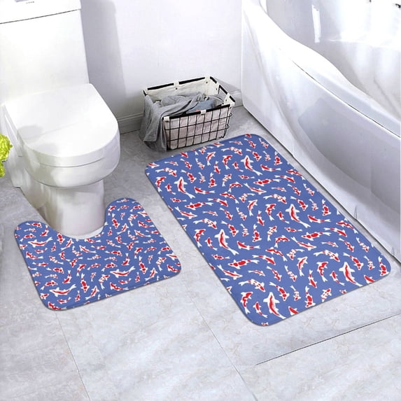 Honeii Beautiful Koi Fish Pattern Bathroom Anti-Skid Pad Bathroom Mat Vintage Seamless Pattern Not-Slip Toilet Rug Set