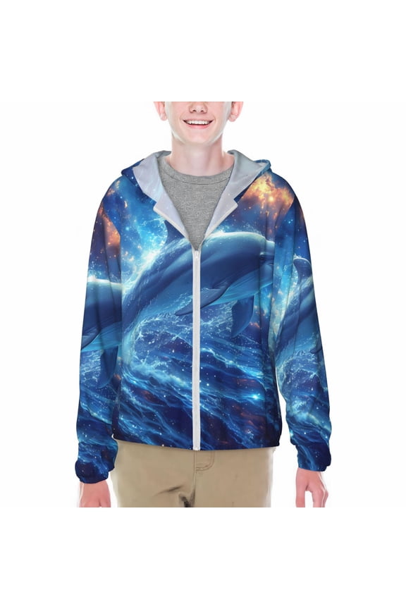 Beautiful Ocean Dolphin Print Sun Protection Jacket Hooded Cooling Shirt with Pockets Hiking Outdoor Performance-X-Large