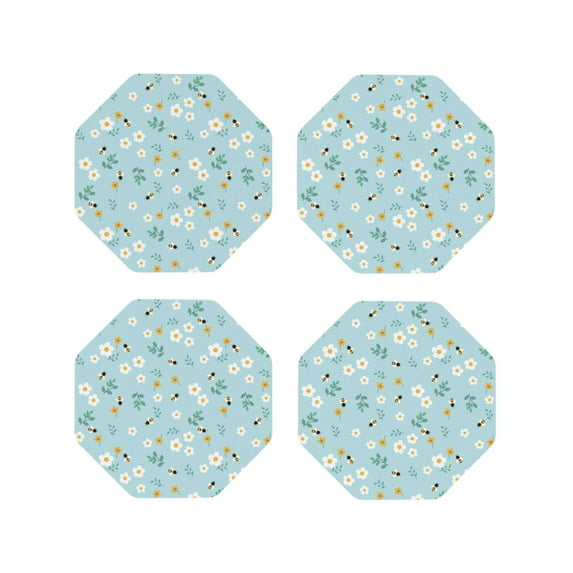 Honeii Bee Flower print Leather Coaster Set of 4, ideal for safeguarding your furniture from drinks spills and effortless cleanup-Octagon