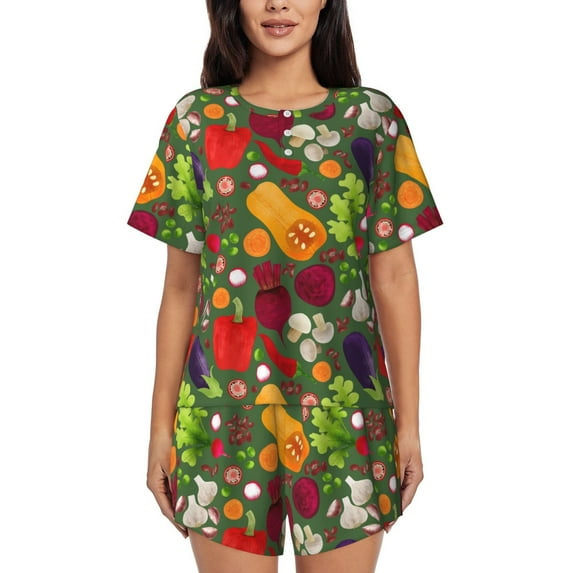Honeii Begetable for Women's Summer Pajama Set featuring Soft Short Sleeve Shirt & Matching Bottoms with Convenient Pockets for Relaxed Home Wear-Small