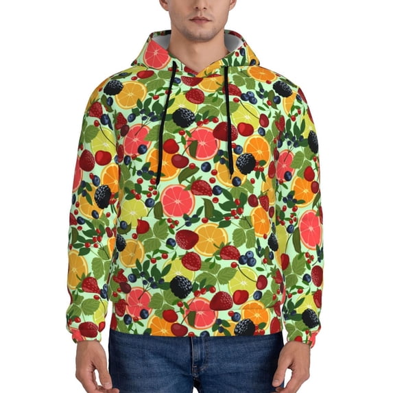 Honeii Berries And Citrus Pattern Mens Hoodies Men's Loose Sleeve Sweatshirt,Pullover Hooded Sweatshirt for Men,Essentials Hoodie-Small