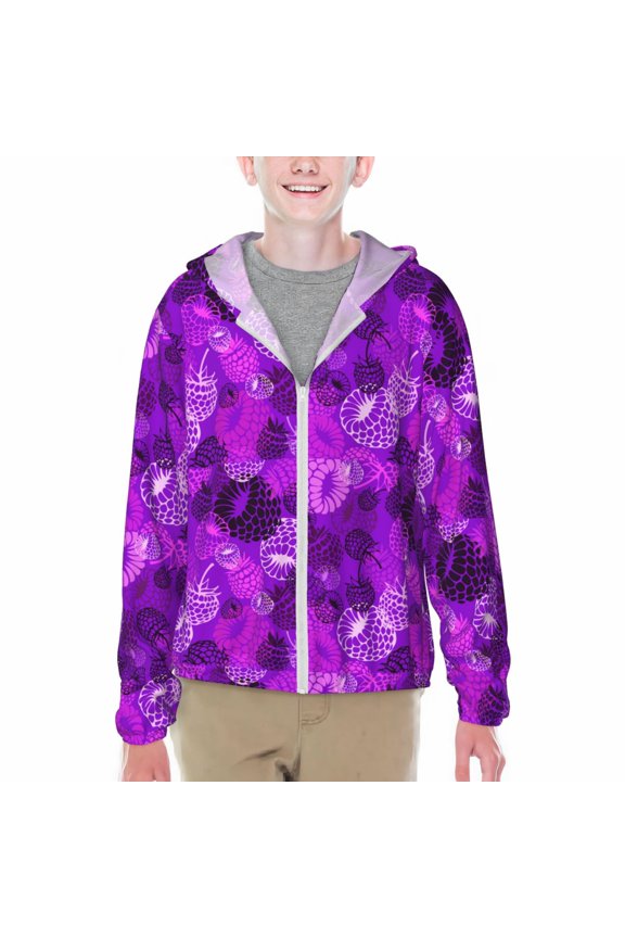 Berry Raspberry Print Sun Protection Jacket Hooded Cooling Shirt with Pockets Hiking Outdoor Performance-Large
