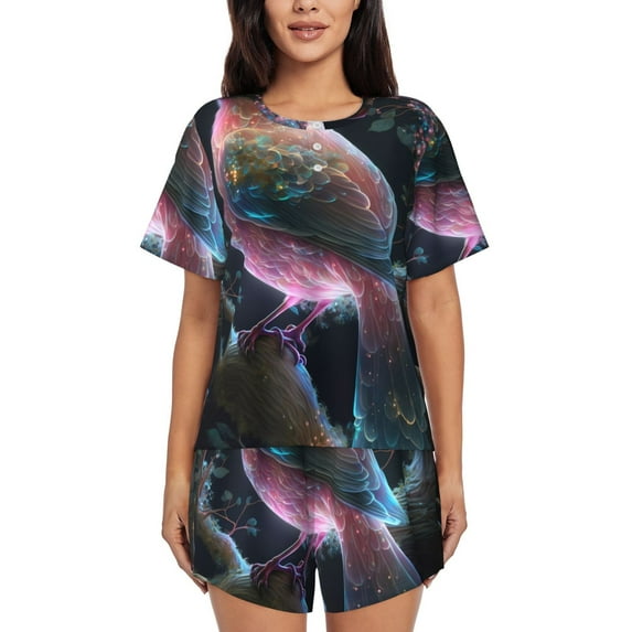 Honeii Bird 3 for Women's Summer Pajama Set featuring Soft Short Sleeve Shirt & Matching Bottoms with Convenient Pockets for Relaxed Home Wear-Medium
