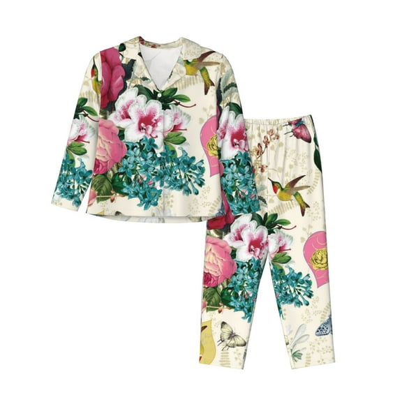 Honeii Bird Butterfly Rose print Women's Pajama Sets Long Sleeve Button Down Sleepwear Nightwear Soft Pjs Lounge Sets-XX-Large