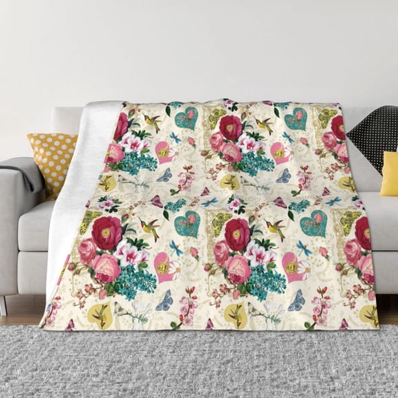 Honeii Bird Butterfly Rose print throw blanket, crafted from cozy cotton flannel, offers versatile home decor as a bedding suitable for all seasons.-80"x60"