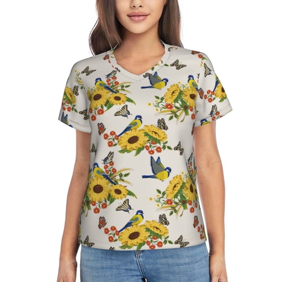 Honeii Bird Sunflowers Print Women's Classic V-Neck T-Shirt,Womens Fashion Tops,Stylish Everyday Top for Women, Casual Summer Spring Outfits Clothes-Medium