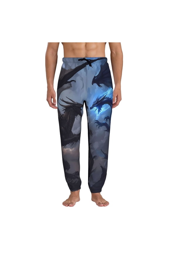 Black And Blue Lightning Dragon Print Mens Jogger Sweatpants, Men's Lounge Pants with Pockets-XX-Large
