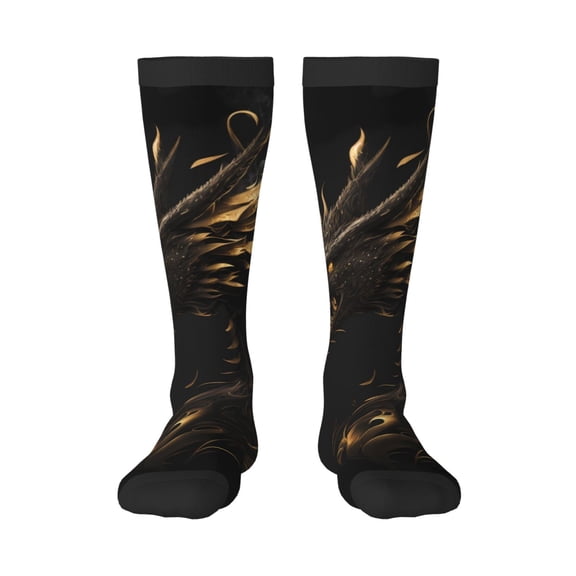 Honeii Black And Gold Fire Dragon Print Long Socks,Novelty Design Socks Gift for Men and Women,Crew Socks,Calf Socks