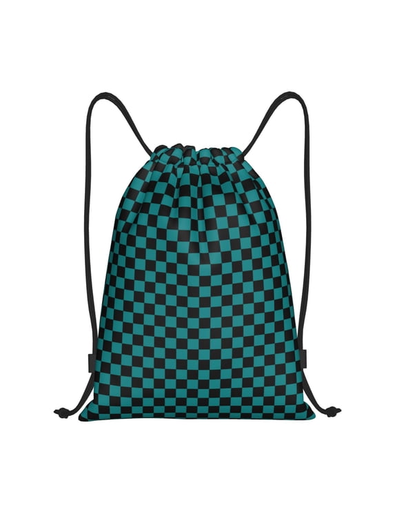 Black And Teal Checkerboard Print Drawstring Backpack,Drawstring Bags String Backpack Gym Cinch Sack Backpack Sport Bag Draw-Small