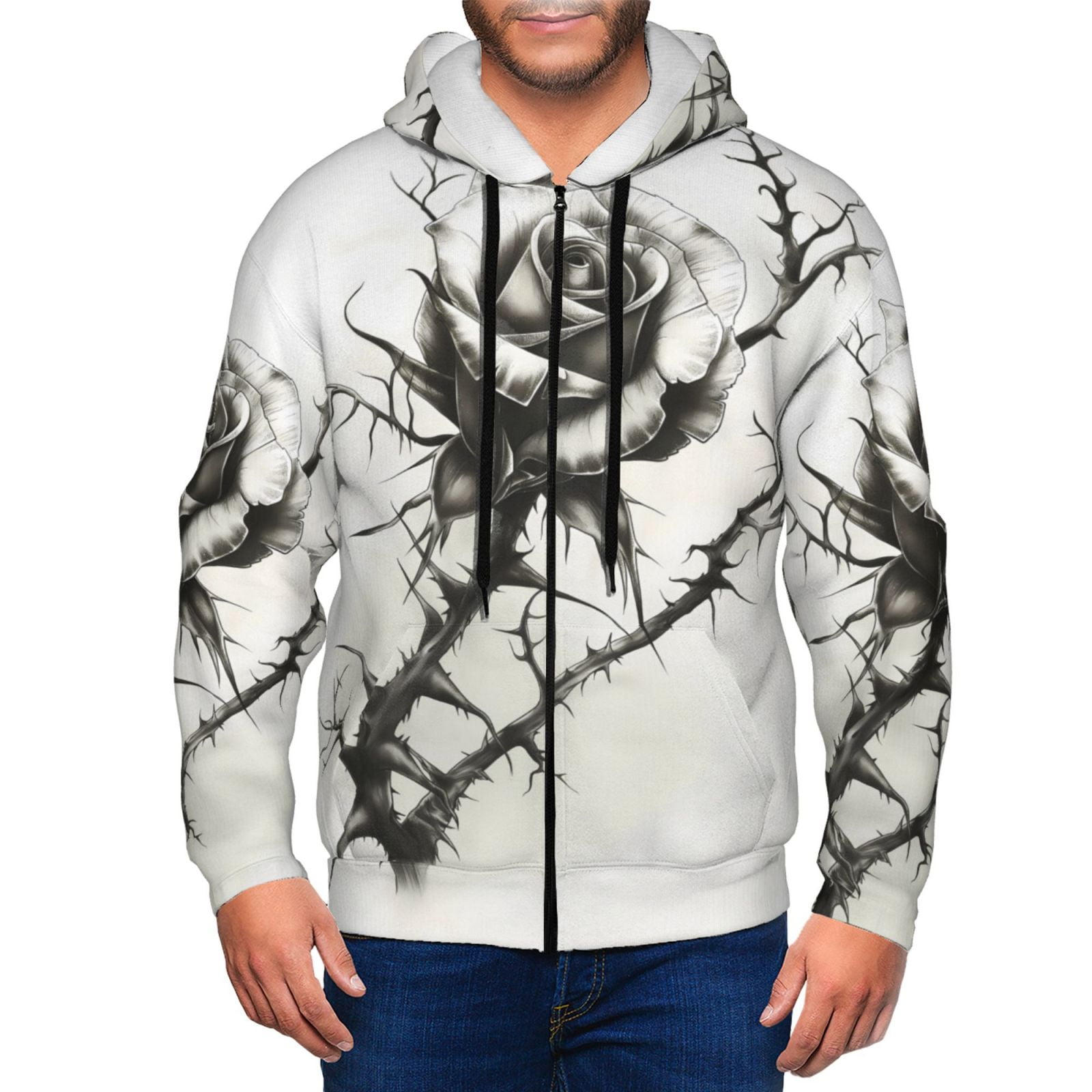 Honeii Black And White Rose Print Hoodies for Men Pullover Full Zip Breathable Zip up Hoodie Sweatshirt Small Walmart