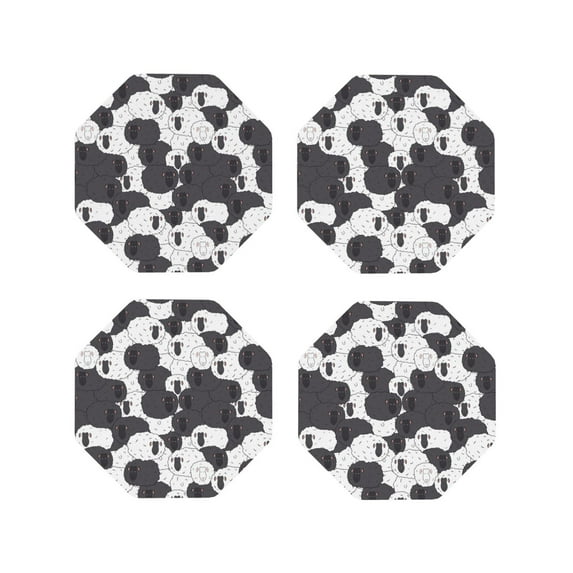 Honeii Black And White Sheeps print Leather Coaster Set of 4, ideal for safeguarding your furniture from drinks spills and effortless cleanup-Octagon