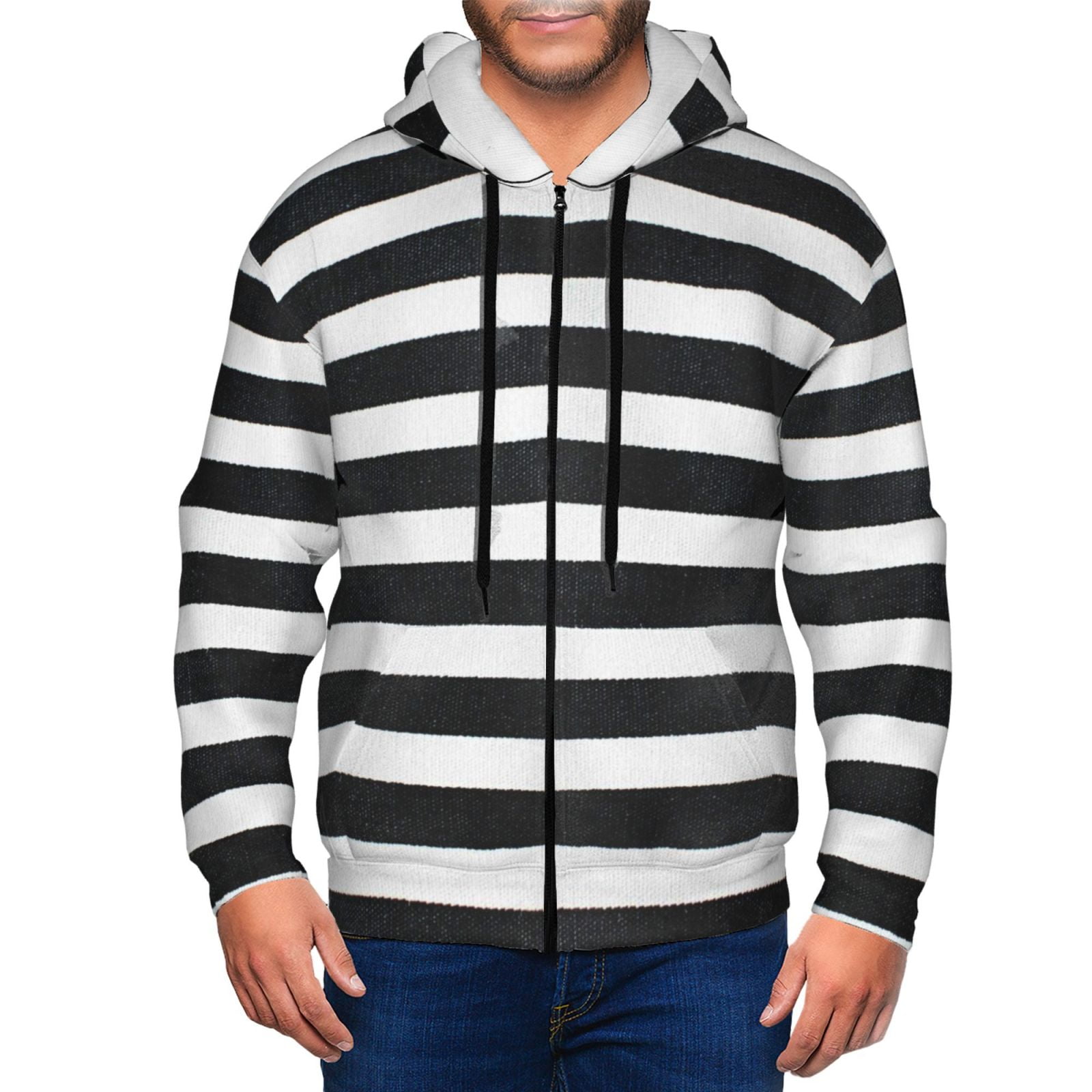 Honeii Black And White Stripes Print Hoodies for Men, Pullover