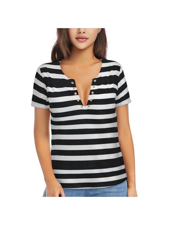Black And White Stripes Print Women's V-Neck T-Shirt,Short Sleeve V Neck Tees Tops for Women , Perfect for Work, Travel, and Everyday Wear