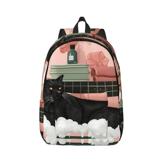 Honeii Black Cat Pink Bathroom Print Canvas College Laptop Backpack, Durable Rucksack Travel Notebook Bag School Backpack Book Bag for Men Women-Small