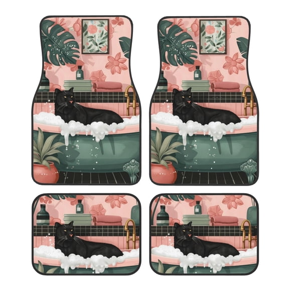 Honeii Black Cat Pink Bathroom Print Car Foot Mat Four-Piece Set - Front & Rear Universal Car Floor Mats for SUVs, Trucks, Sedans