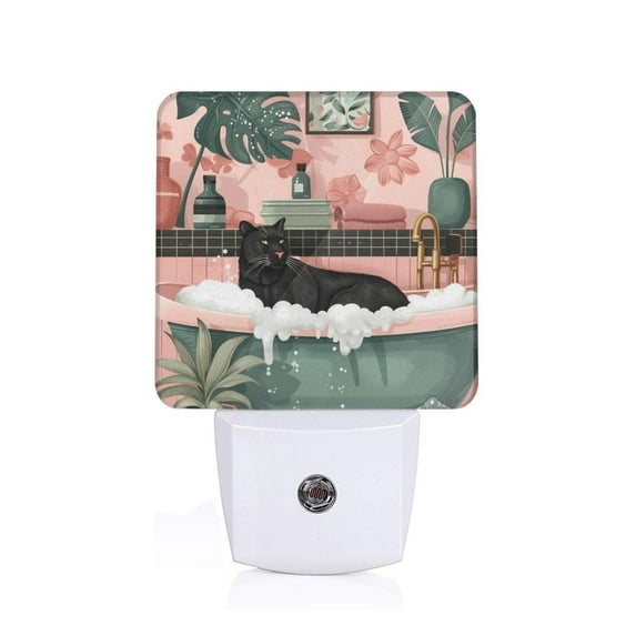 Honeii Black Cat Pink Bathroom Print LED Night Light with Light Sensor, Night Lights Plug Into Wall,Ideal for Bedrooms and Hallways-EU