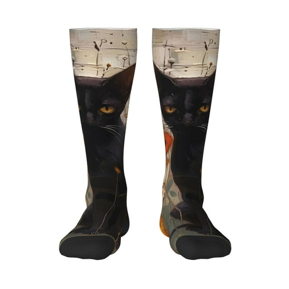 Honeii Black Cat in Wildflowers Print Long Socks,Novelty Design Socks Gift for Men and Women,Crew Socks,Calf Socks