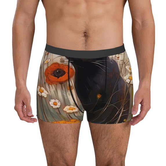 Honeii Black Cat in Wildflowers Print Mens Boxer Briefs Breathable,Boxer Brief for Men, Moisture-Wicking Underwear-Large