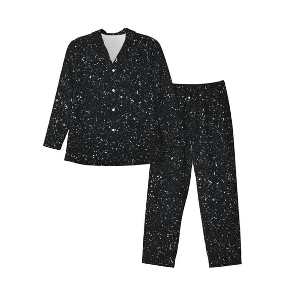 Honeii Black Glitter Pattern Mens Pajamas Set,2pcs Men's Lounge Long Sleeve Sleep Shirt and Pajama Bottoms Sleepwear Set,Mens Pjs Sets-Large