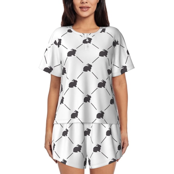 Honeii Black Rabbit for Women's Summer Pajama Set featuring Soft Short Sleeve Shirt & Matching Bottoms with Convenient Pockets for Relaxed Home Wear-X-Large