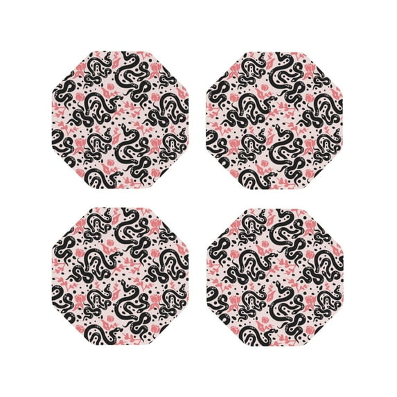 Honeii Black Snake print Leather Coaster Set of 4, ideal for safeguarding your furniture from drinks spills and effortless cleanup-Octagon