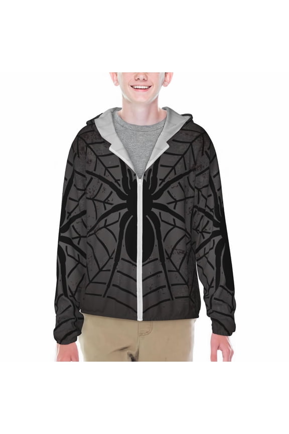 Black Spider On Web 1 Print Sun Protection Jacket Hooded Cooling Shirt with Pockets Hiking Outdoor Performance-Small