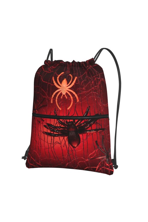 Black Spider Web With Spiders Print Drawstring Backpack,String Bag,Sackpack Cinch Water Resistant Nylon for Gym Shopping Sport Yoga