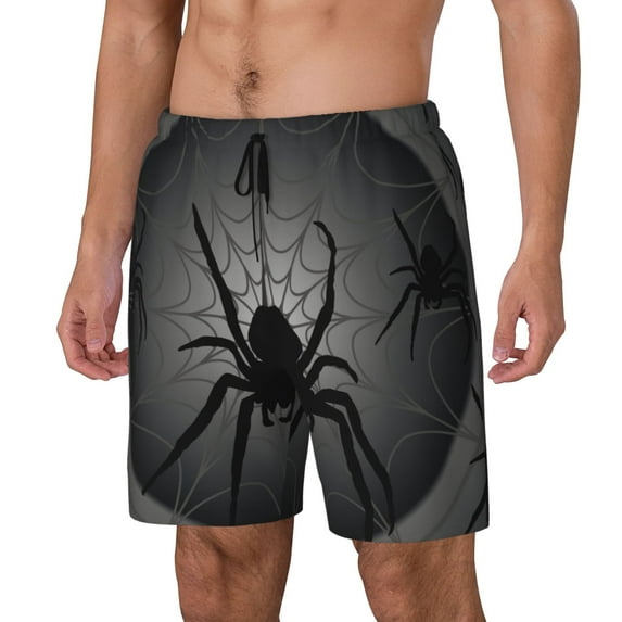 Honeii Black Spiders Print Men's Swim Shorts,Mens Swim Trunks,Breathable Mesh Beach Shorts for Swimming,Surfing, and Beach Activities-Small