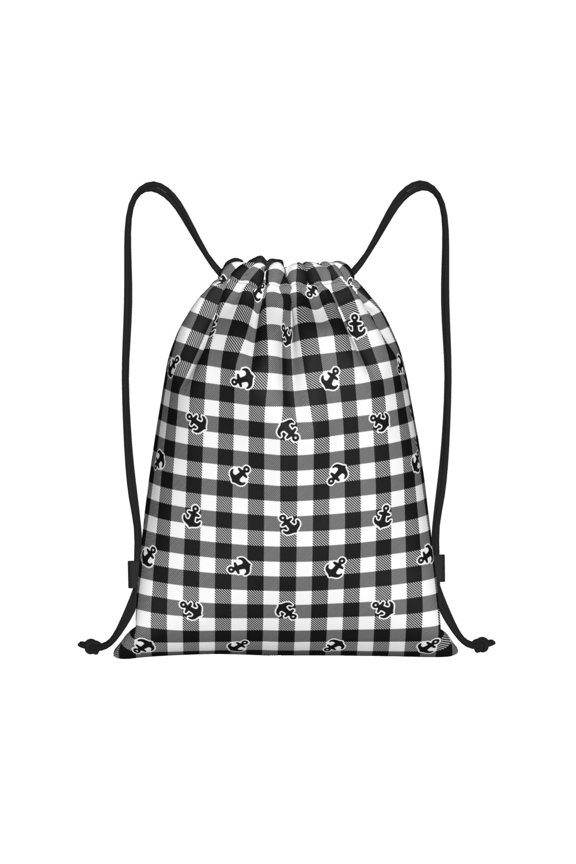 Black Tartan Plaid Print Drawstring Backpack,Drawstring Bags String Backpack Gym Cinch Sack Backpack Sport Bag Draw-Medium