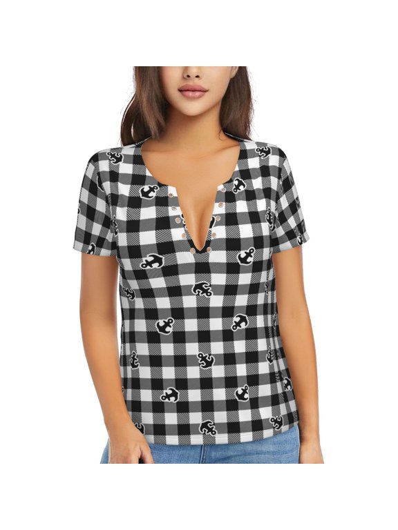 Black Tartan Plaid Print Women's V-Neck T-Shirt,Short Sleeve V Neck Tees Tops for Women , Perfect for Work, Travel, and Everyday Wear
