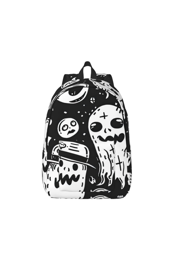 Black White Spooky Ghosts Print Canvas College Laptop Backpack, Durable Rucksack Travel Notebook Bag School Backpack Book Bag for Men Women-Medium