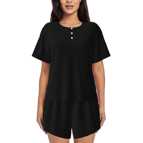 Honeii Black for Women's Summer Pajama Set featuring Soft Short Sleeve Shirt & Matching Bottoms with Convenient Pockets for Relaxed Home Wear-Large