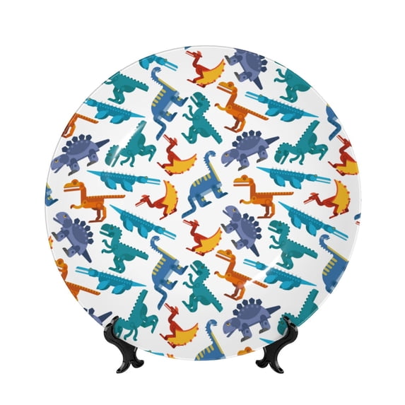 Honeii Block Dinosaur Print Elegant Bone China Decorative Plate, Porcelain Plate,Art Crafts,Ceramic Ornaments for Home Office Wall Decor-6in